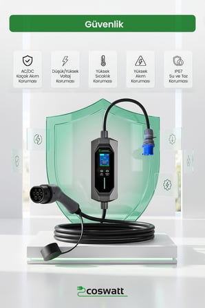 Coswatt Taşınabilir EV Şarj Cihazı CS-P1-32A / 7.4kW / 5M / Türkçe / 220V AC / Tip-2 / 3x32A CEE / Ev Tipi