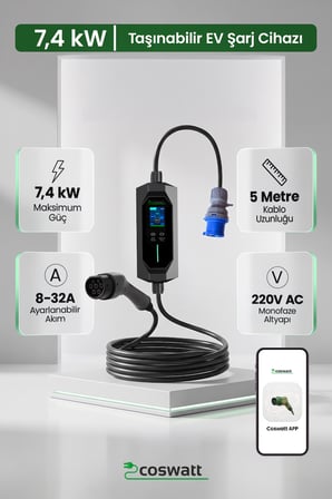 Coswatt Taşınabilir EV Şarj Cihazı CS-P1-32A / 7.4kW / 5M / Türkçe / 220V AC / Tip-2 / 3x32A CEE / Ev Tipi