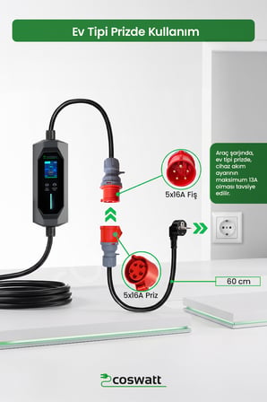 Coswatt Taşınabilir EV Şarj Cihazı CS-P3-16A / 11kW / 8M / Türkçe / 380V AC / Tip-2 / 5x16A CEE / Ev Tipi
