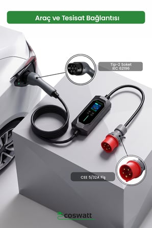 Coswatt Taşınabilir EV Şarj Cihazı CS-P3-32A / 22kW / 5M / Türkçe / 380V AC / Tip-2 / 5x32A CEE / Ev Tipi