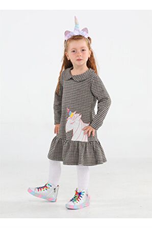 Unicorn Ekose Fırfırlı Kız Çocuk Elbise