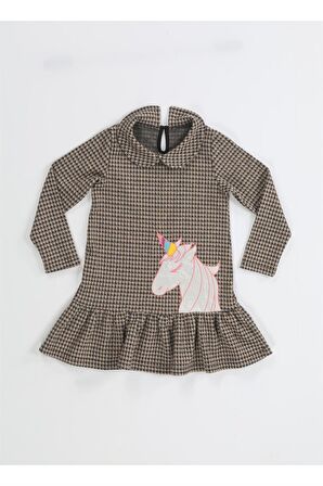 Unicorn Ekose Fırfırlı Kız Çocuk Elbise