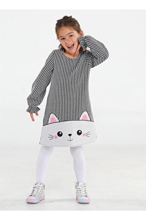 Parlak Kedi Nakışlı Kazayağı Kız Elbise