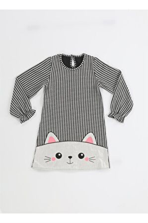 Parlak Kedi Nakışlı Kazayağı Kız Elbise