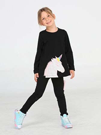 Unicorn 3 Boyutlu Siyah Kız Tunik + Tayt Takım