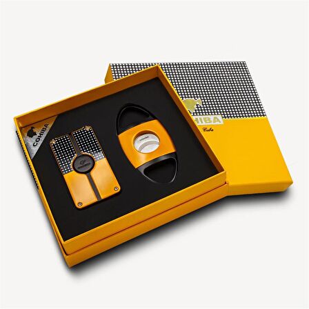 Cohiba Metal Sarı/Siyah Puro Seti (3 Torch Çakmak, 60 Ring Puro Kesici) (8096AT)