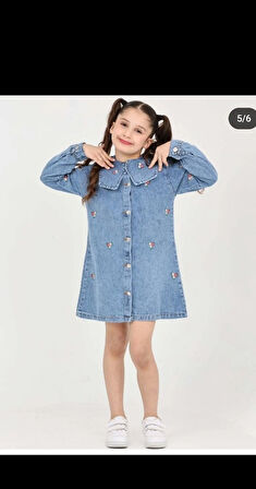 ÇİÇEK BASKILI UZUN KOLLU ÖDEN DÜĞMELİ BEBE YAKILI KIZ ÇOCUK KOT ELBİSE