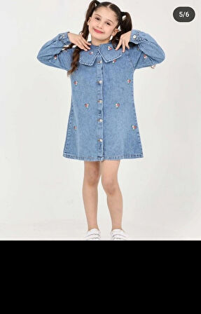 ÇİÇEK BASKILI UZUN KOLLU ÖDEN DÜĞMELİ BEBE YAKILI KIZ ÇOCUK KOT ELBİSE