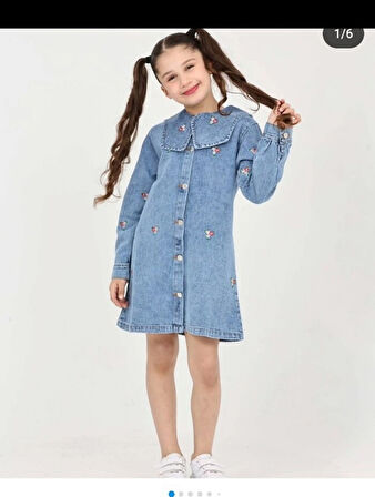 ÇİÇEK BASKILI UZUN KOLLU ÖDEN DÜĞMELİ BEBE YAKILI KIZ ÇOCUK KOT ELBİSE