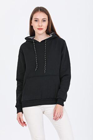 PupiQangru Siyah Kanguru Cepli Kapüşonlu Kadın Sweatshirt-Hoodie