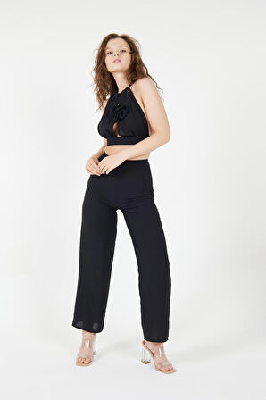 Dalia Siyah Palazzo Pantolon- Boyundan Bağlama Çiçekli Crop Kadın Takım