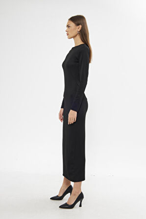 Lilibet Siyah Bisiklet Yaka Sırt Açık Uzun Kol Maxi Kadın Elbise