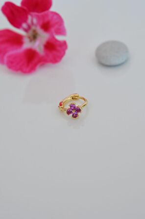 Gold Halka Fuşya Pembesi Mini Çiçekli Tragus Piercing Helix Kıkırdak Lob