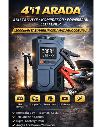 Castu CS70 Plus 12000mAh Akü Takviye Cihazı 4ü 1 Arada Jump Starter Kompresör Powerbank 150 PSI