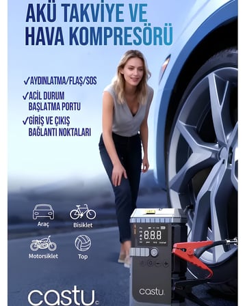 Castu CS70 Plus 12000mAh Akü Takviye Cihazı 4ü 1 Arada Jump Starter Kompresör Powerbank 150 PSI
