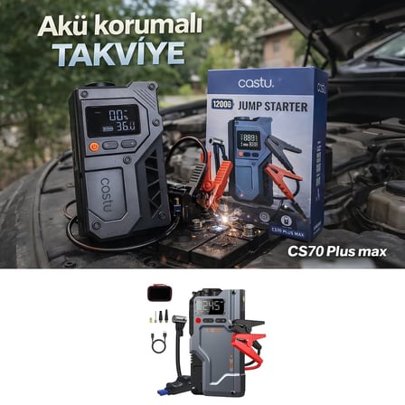 Castu CS70 Plus 12000mAh Akü Takviye Cihazı 4ü 1 Arada Jump Starter Kompresör Powerbank 150 PSI