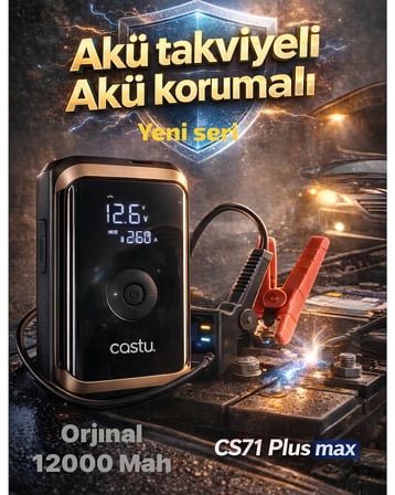Castu CS71 Plus 12000mAh Akü Takviye Cihazı 4 ü 1 Arada Jump Starter Kompresör Powerbank 150 PSI