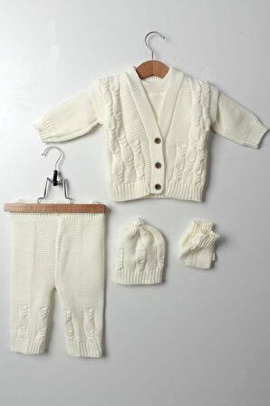 5'li Bebek Kışlık Beyaz Triko Takım Kazak Yelek Pantolon Bere Patik Yeni Doğan Unisex