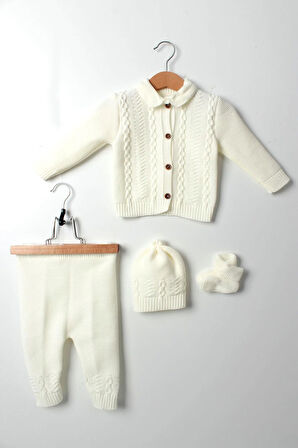 Unisex Bebek Beyaz Triko Takım 4'lü Hırka, Pantolon, Bere, Patik Orta Kalın Örgü