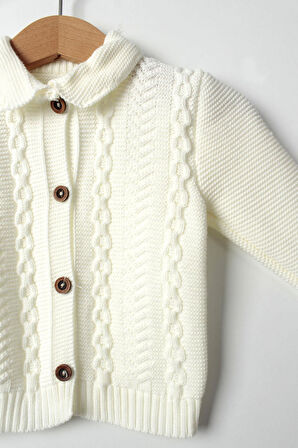 Unisex Bebek Beyaz Triko Takım 4'lü Hırka, Pantolon, Bere, Patik Orta Kalın Örgü