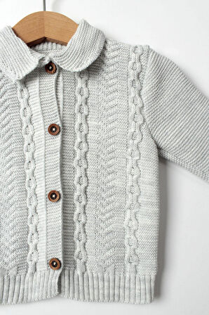 Unisex Bebek Gri Triko Takım 4'lü Hırka, Pantolon, Bere, Patik Orta Kalın Örgü