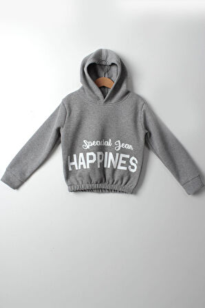 Kız Çocuk 5-10 Yaş Şardonlu Kalın Sweatshirt - Kapüşonlu Gri HAPPINESS Baskılı