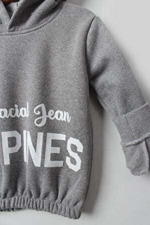 Kız Çocuk 5-10 Yaş Şardonlu Kalın Sweatshirt - Kapüşonlu Gri HAPPINESS Baskılı