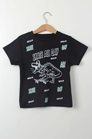 Erkek Çocuk Siyah Dinozorlu Kaykay Baskılı Kısa Kollu Pamuk Tişört - Skate All Day