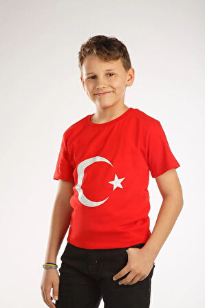 Ay Yıldız Baskılı Kısa Kol Tişört Kırmızı Çocuk Milli Bayram 23 Nisan 29 Ekim Gösteri Kıyafeti