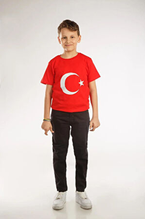 Ay Yıldız Baskılı Kısa Kol Tişört Kırmızı Çocuk Milli Bayram 23 Nisan 29 Ekim Gösteri Kıyafeti