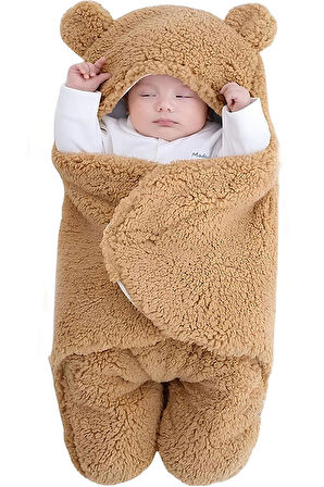 0-12 Ay Unisex Bebek Kapüşonlu Kulaklı Peluş Kundak Battaniye Uyku Tulumu Kahverengi