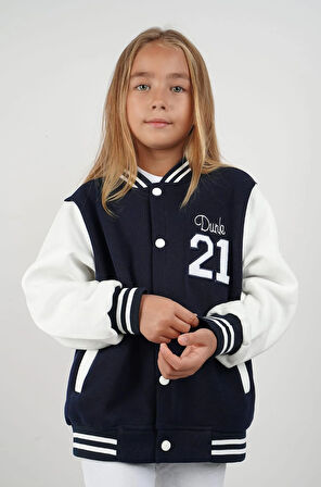 Unisex Çocuk Kolej Montu Lacivert Beyaz Renkli Spor Tarz Mevsimlik Bomber Ceket