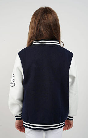 Unisex Çocuk Kolej Montu Lacivert Beyaz Renkli Spor Tarz Mevsimlik Bomber Ceket