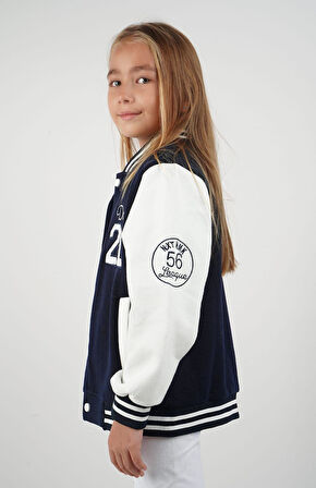 Unisex Çocuk Kolej Montu Lacivert Beyaz Renkli Spor Tarz Mevsimlik Bomber Ceket