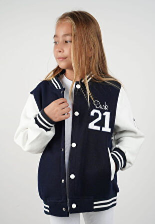 Unisex Çocuk Kolej Montu Lacivert Beyaz Renkli Spor Tarz Mevsimlik Bomber Ceket