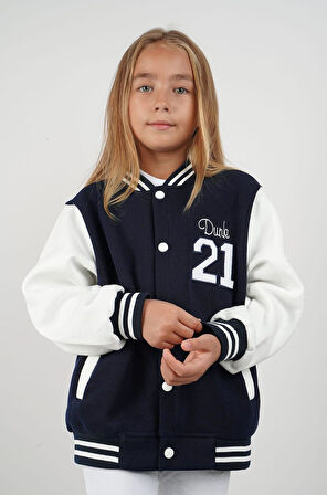 Unisex Çocuk Kolej Montu Lacivert Beyaz Renkli Spor Tarz Mevsimlik Bomber Ceket