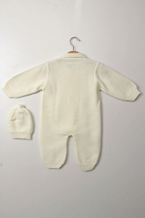 Beyaz Unisex Bebek Tulum Triko Şapkalı Düğmeli Kışlık Uzun Kollu Yenidoğan Örgü Takım