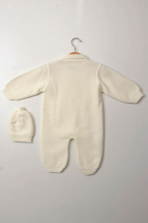 Beyaz Unisex Bebek Tulum Triko Şapkalı Düğmeli Kışlık Uzun Kollu Yenidoğan Örgü Takım