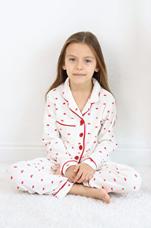 Kız Çocuk Kırmızı Kalpli Pamuklu Pijama Takımı - Uzun Kollu Düğmeli Rahat Takım