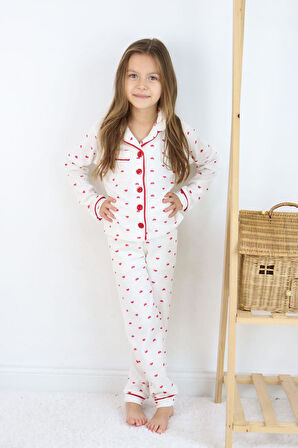 Kız Çocuk Kırmızı Kalpli Pamuklu Pijama Takımı - Uzun Kollu Düğmeli Rahat Takım