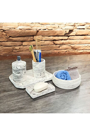 Doğal Mermer Renklerinde Beton Banyo Aksesuar Seti (5 Parça)