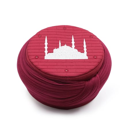 Cami Sarığı – Bordo Kumaş – Bordo Takke – Yuvarlak Sarım – Cami Nakışlı – 7 Metre