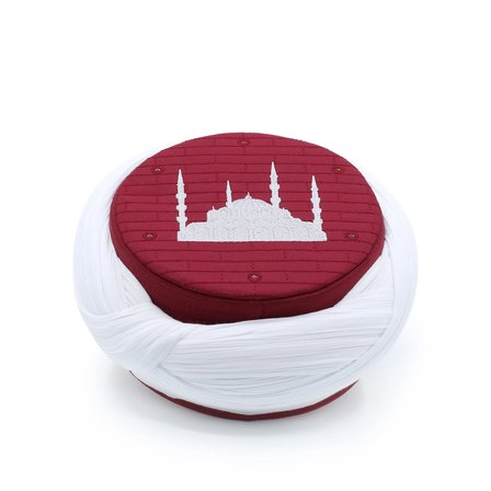 Cami Sarığı – Beyaz Kumaş – Bordo Takke – Çapraz Sarım – Cami Nakışlı – 7 Metre
