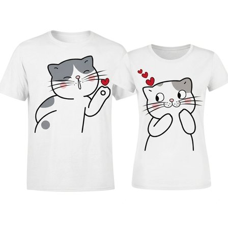 Öpücük ve Kalpli Kediler Tasarımlı Sevgili Tişörtleri Kombini Baskılı T-Shirt