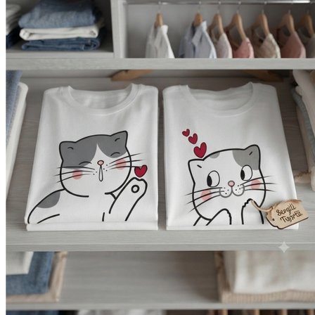 Öpücük ve Kalpli Kediler Tasarımlı Sevgili Tişörtleri Kombini Baskılı T-Shirt