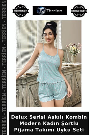 Delux Serisi Askılı Kombin Modern Kadın Şortlu Pijama Takımı Uyku Seti