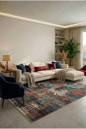 Etnik Desenli Makine Halısı Yıkanabilir Kaymaz Taban Şönil Salon Halısı 102 Çok Renkli