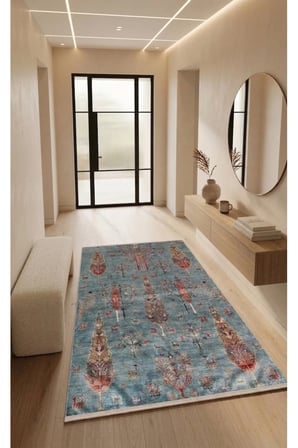 Vintage Desenli Yıkanabilir Kaymaz Taban Şönil Salon Mutfak Koridor Yolluk Halısı 111 TURKUAZ