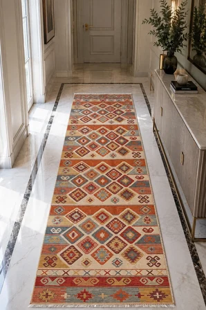 Dekoratif Halı Kaymaz Taban Leke Tutmaz Yıkanabilir Kilim Özel Ölçü Salon Halısı 3052