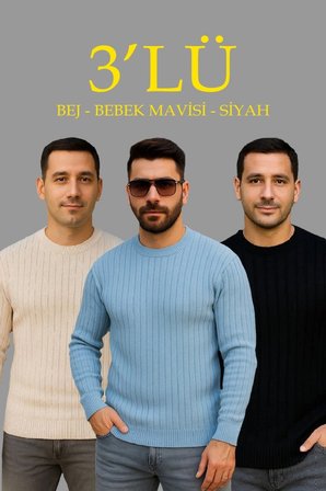 Erkek Fitilli Triko Kazak 3’lü Set – Bej, Bebek Mavisi, SiyahKalın Dokuma Pamuklu Regular Fit Bisiklet Yaka Uzun Kollu Kışlık Ve Baharlık Rahat Triko Kombini